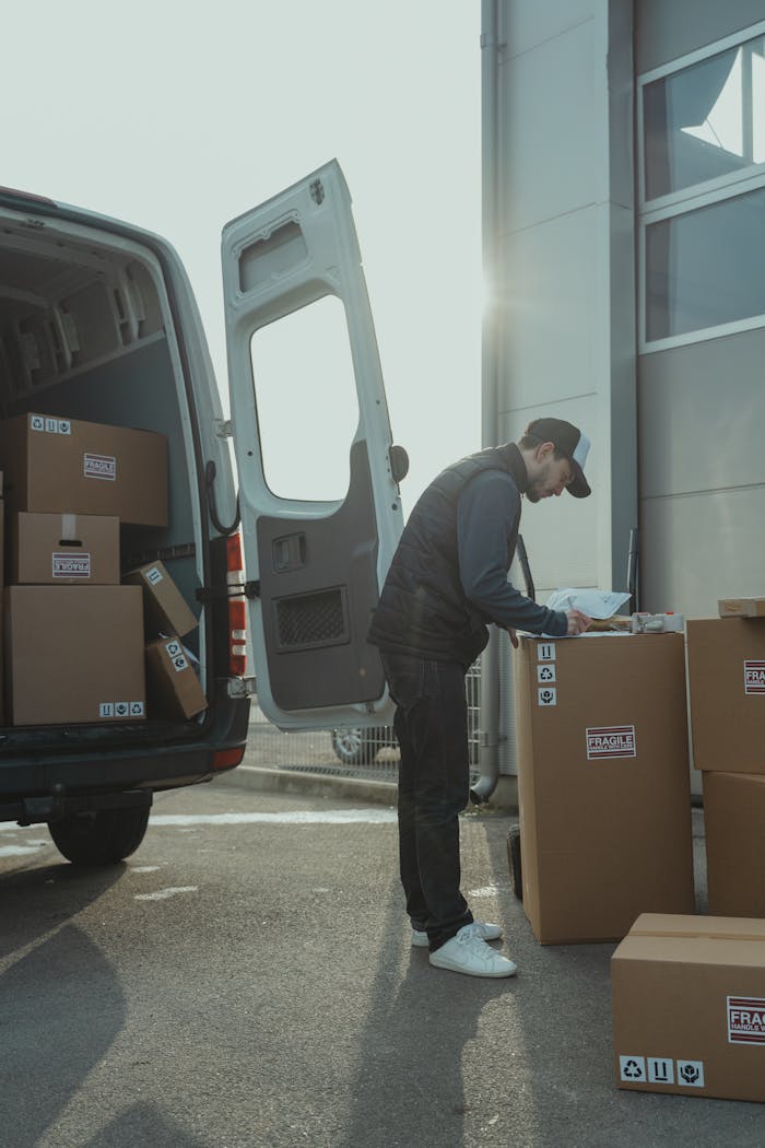 Courier organizes cardboard boxes for delivery from van in an industrial area.