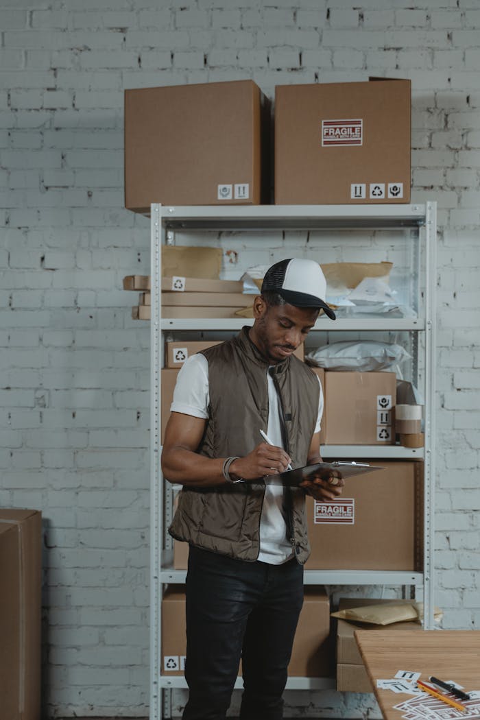 Courier in a warehouse checking inventory on a tablet amidst stacked cardboard boxes.